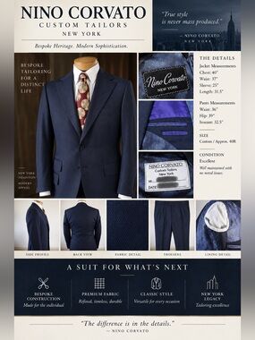 Nino Corvato Custom Bespoke Navy Wool 2-Piece Suit Men’s 40R